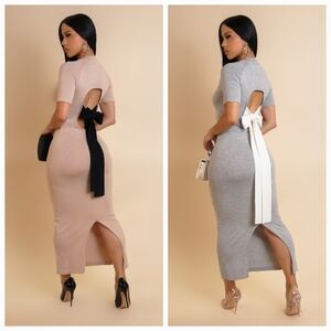 Bowtied Back Midi Dress- Beige Or Grey